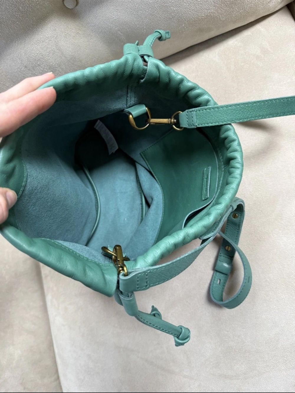 Madewell Teal Green Leather Drawstring Crossbody Bucket Bag - Picture 2 of 8